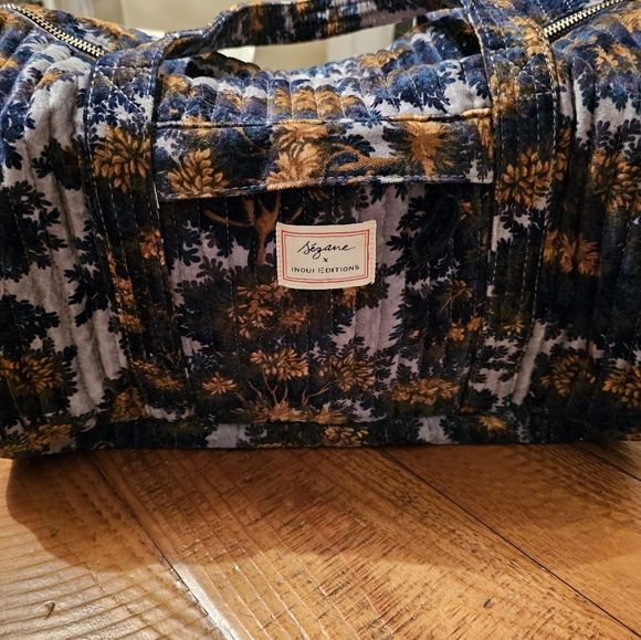 Sezane Inoui Travel Bowling Bag with Cosemtic and Toiletry Bag Blue Gold Gray - Picture 4 of 8